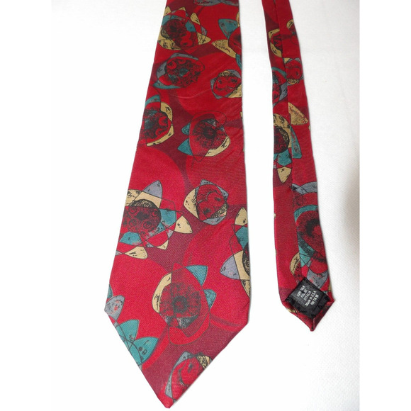 Vtg Montagu Mens Silk Neck Tie Abstract Shapes Red Geometric USA Art Deco - Picture 4 of 9